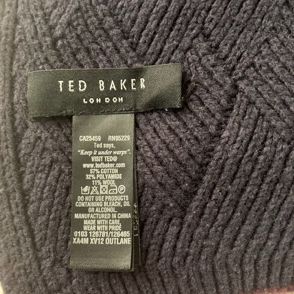 Ted Baker Wool Blend Knitted Scarf Men's Rectangle Classic Dark Grey Purple Hue - Picture 12 of 12